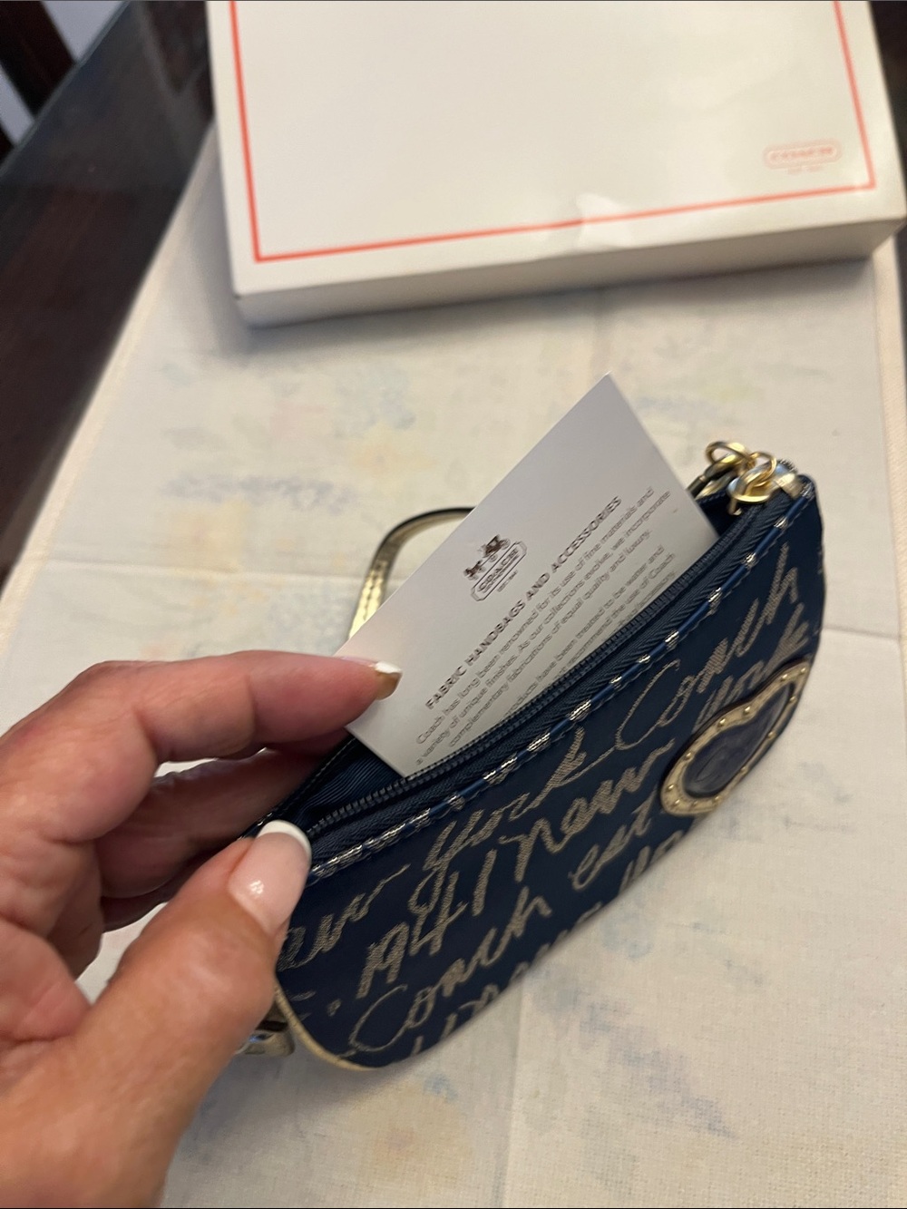 Coach Navy Script Heart Wristlet with Gold Trim NEW WITH TAGS - Picture 2 of 6
